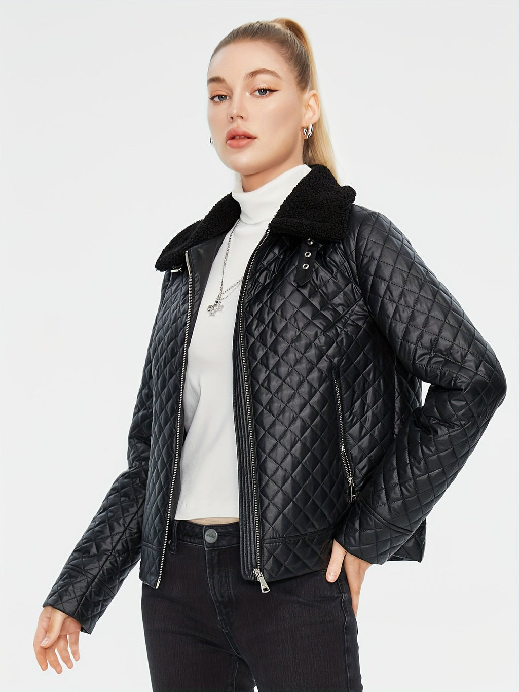Quiltad fluffig jacka med argylemönster